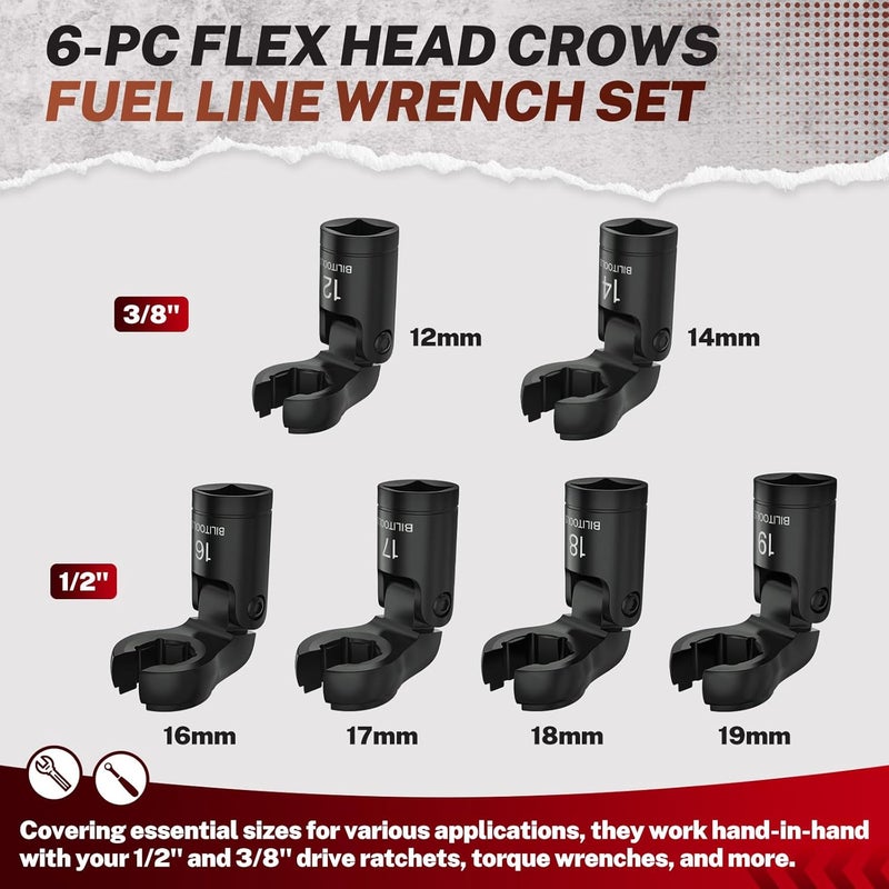 BILITOOLS 6PCS Flex Head Crows Foot Line Wrench Set, 3/8" & 1/2" Drive Injector Fuel Line Sockets Wrench Set, Crowfoot Flare Nut Socket Wrench Metric 12 14 16 17 18 19 mm with Storage Box - Image 3